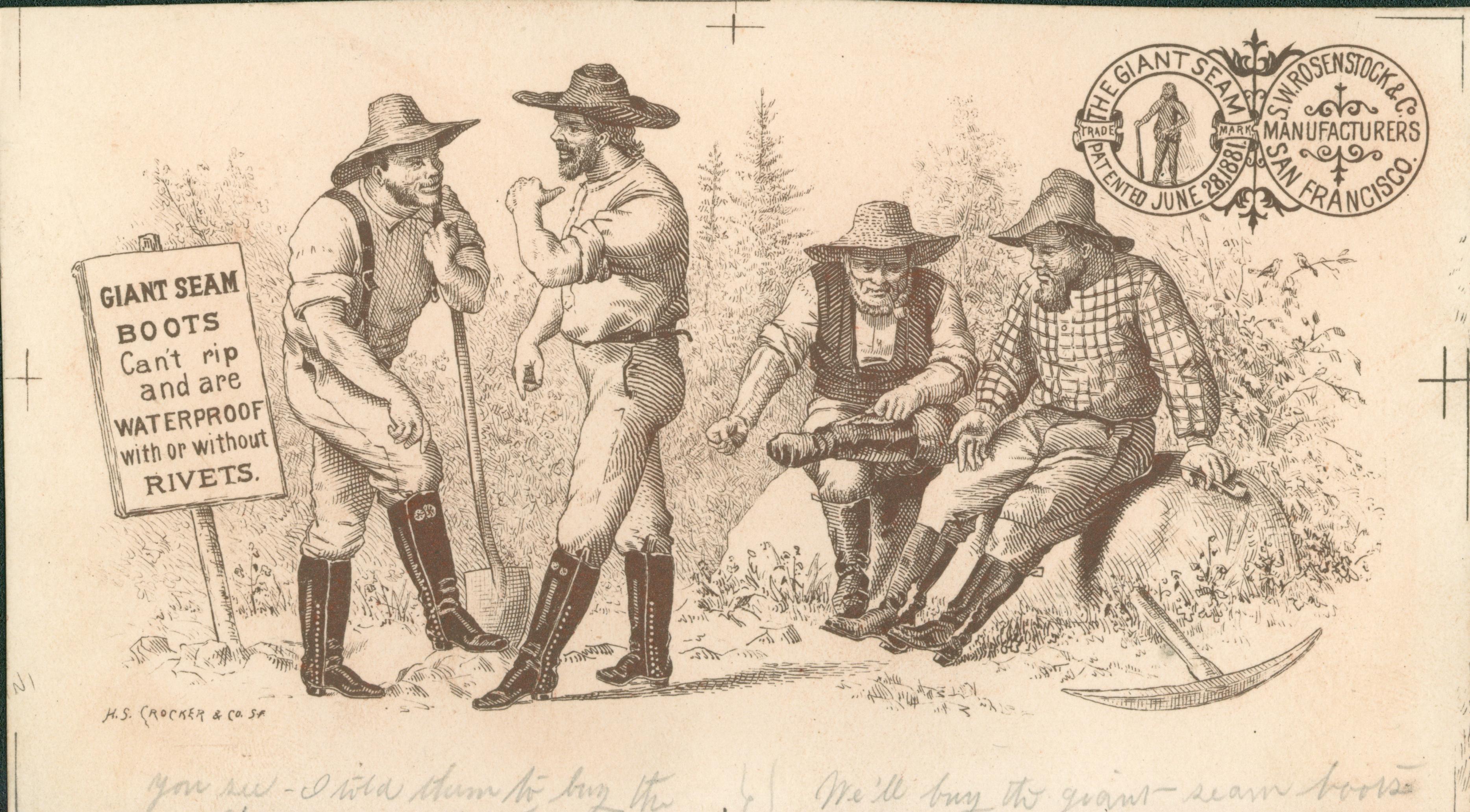This trade card, shows four miners. Two are standing talking to each other while the other two are seated on a rock. All four of them are wearing Giant Seam Boots.